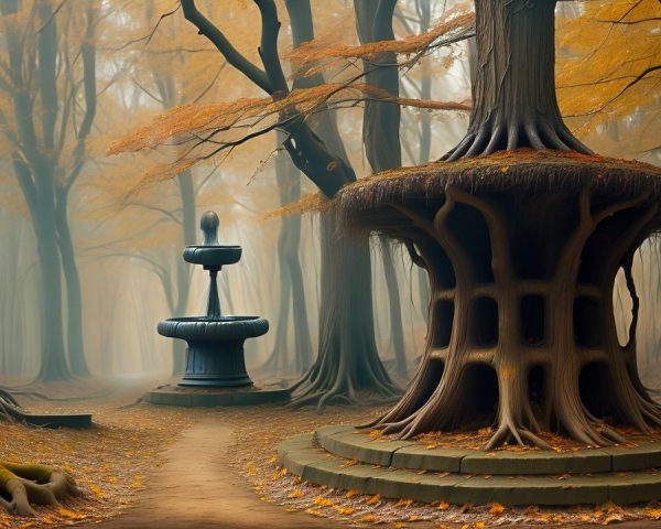 Autumn Forest with Vibrant Leaves and Unique Structures