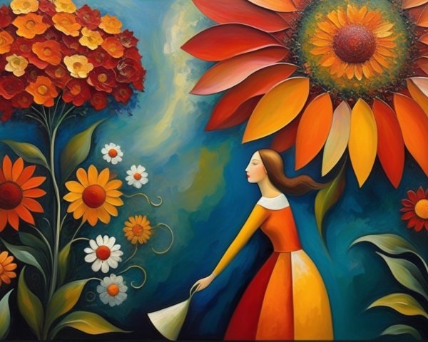 Oil Painting of Girl in Surreal Floral Landscape