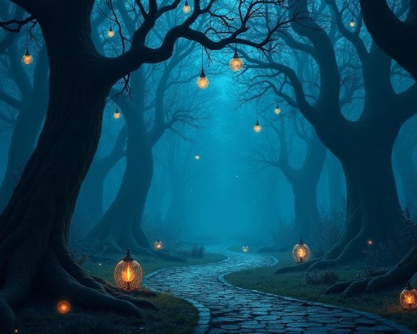 Mystical forest with blue mist and glowing lanterns