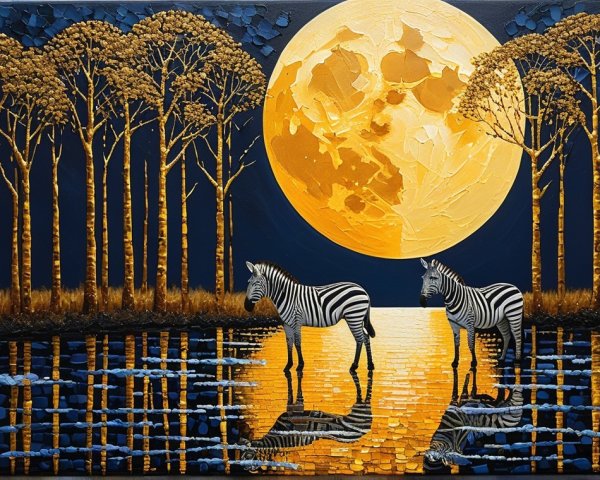 Zebras by Moonlit Waterway in Nighttime Scene