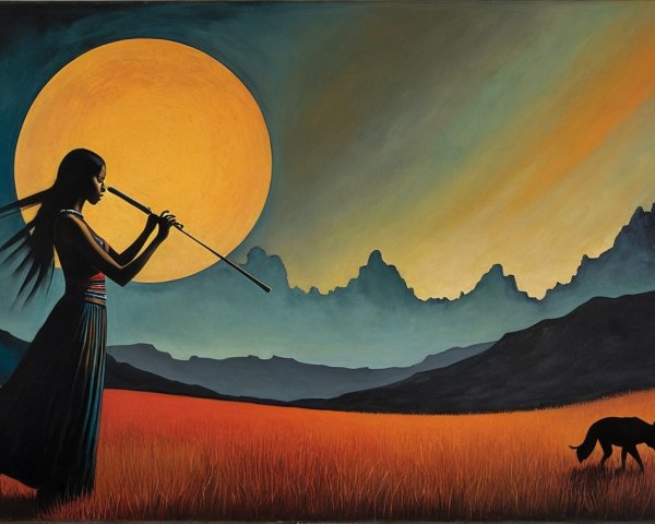 Flute Player Silhouette at Sunset with Moon and Cat