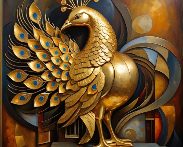 Abstract Golden Peacock with Vibrant Blue Feathers