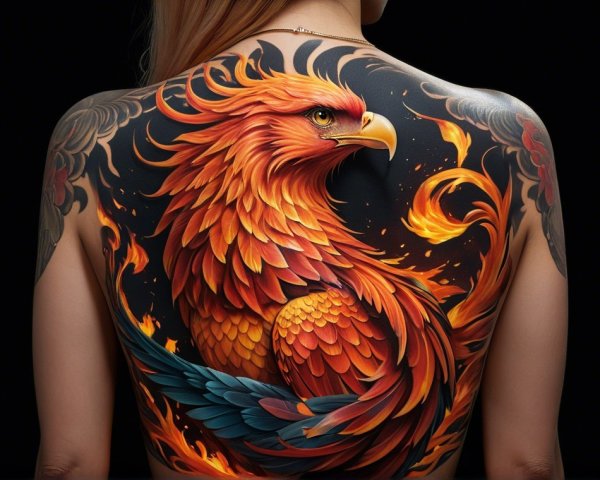 Vibrant Phoenix Tattoo Design on Back with Details