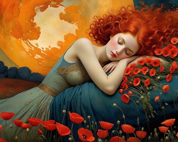 Woman with Red Curls in Poppy Field at Night