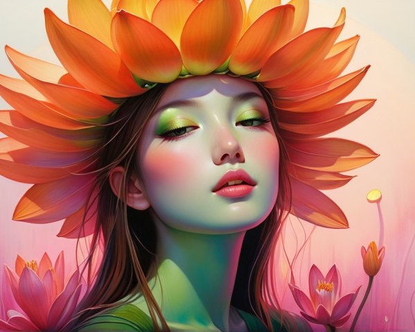 Surreal Portrait of Woman Amid Vibrant Flower Petals