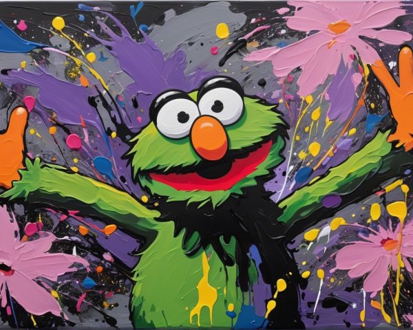 Colorful Painting of Cheerful Green Character with Flowers