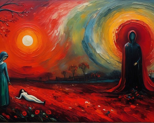 Surreal Landscape with Vibrant Colors and Figures