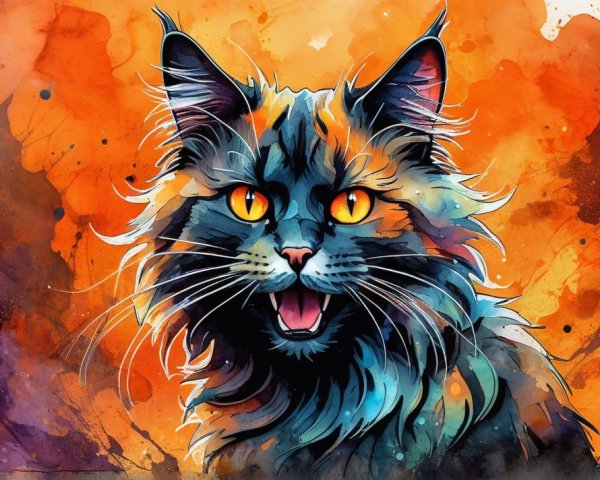 Vibrant Cat Illustration with Abstract Color Patterns