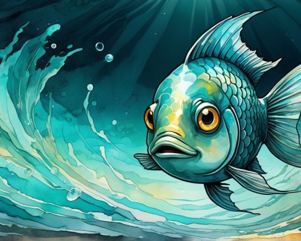 Whimsical Blue Fish in Colorful Waves Illustration