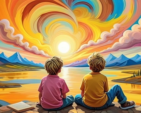 Children Watching Sunset by a Rocky Shoreline