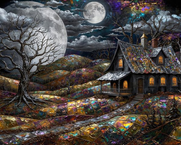 Whimsical Dark Fantasy Cottage Under Full Moon