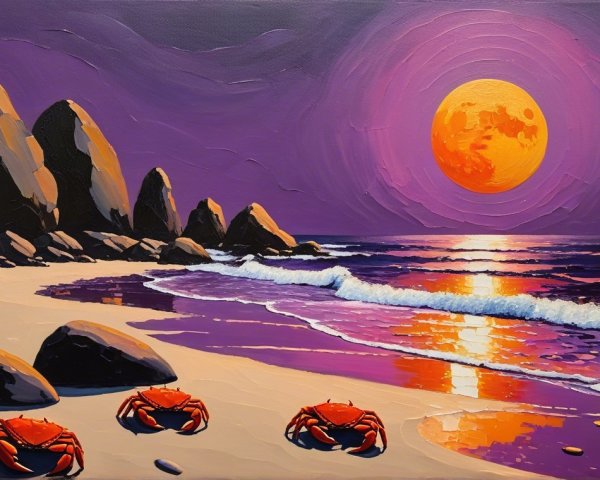 Serene Beach Scene with Purple Sky and Orange Moon