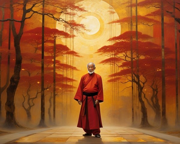 Autumn Landscape with Figure in Red Robe and Symbol