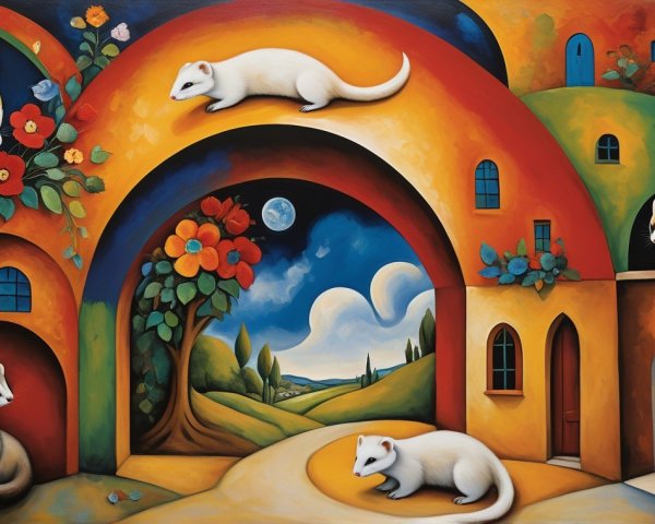 Whimsical Painting of Colorful Buildings and Ferrets