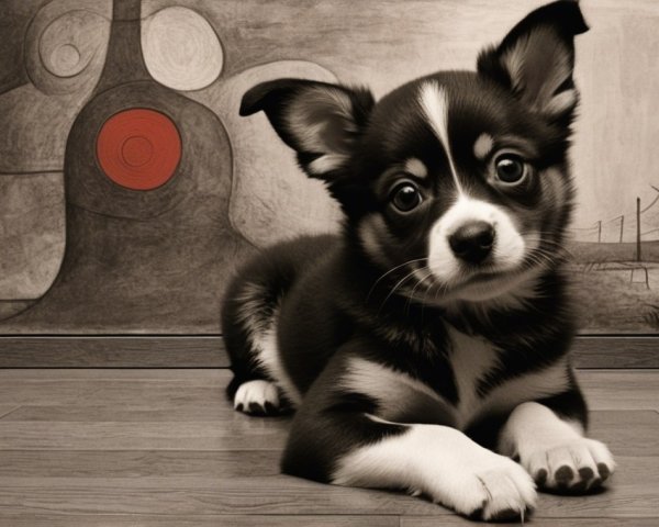 Cute Black and White Puppy on Wooden Floor with Mural