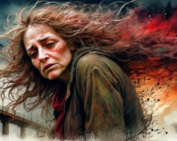 Distressed Woman Amidst Colorful Emotional Turmoil