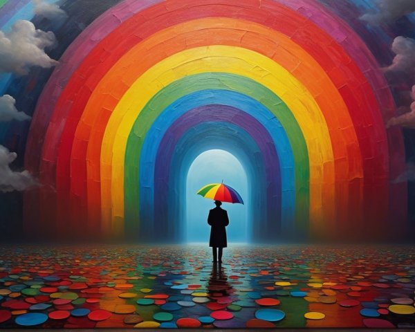 Surreal Landscape with Rainbow and Colorful Umbrella