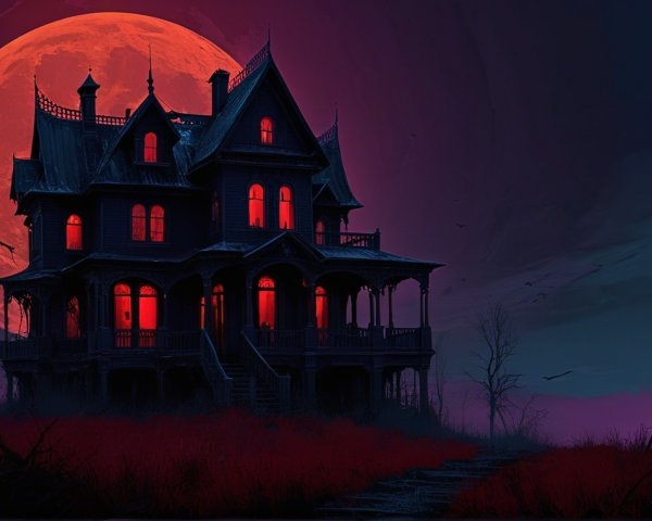 Gothic Mansion Under Blood-Red Moon with Skeletal Figure