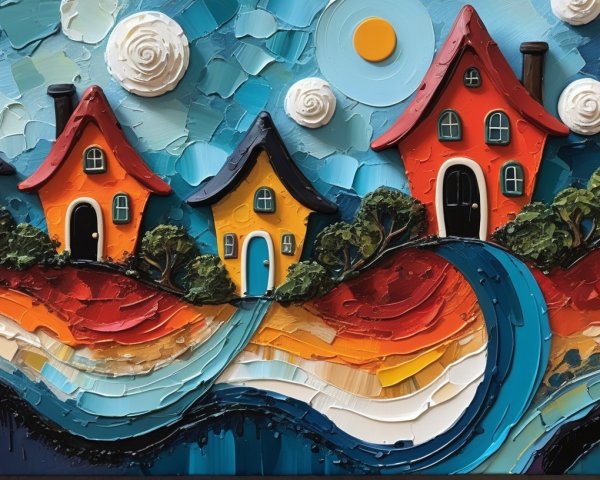 Whimsical Painting of Colorful Storybook Houses