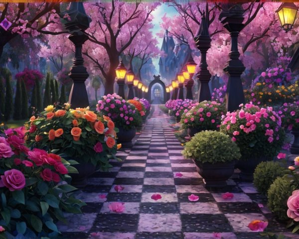 Vibrant Flower-Lined Garden Path with Lanterns