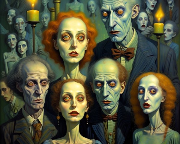 Eerie Group Portrait with Ethereal Figures and Shadows