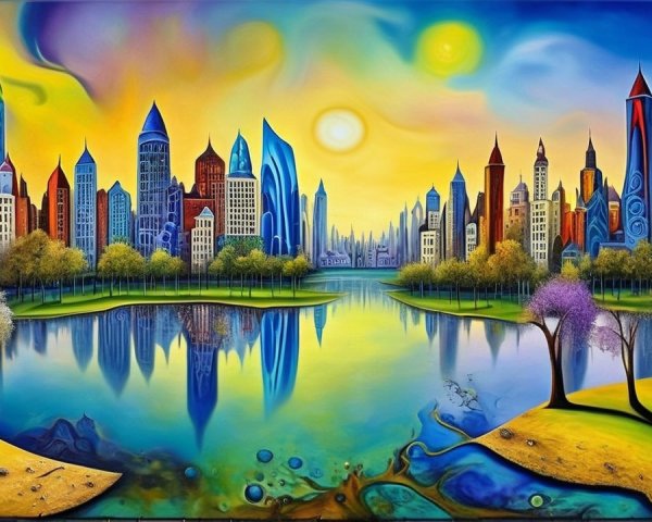 Surreal City Skyline Reflected in Calm Lake