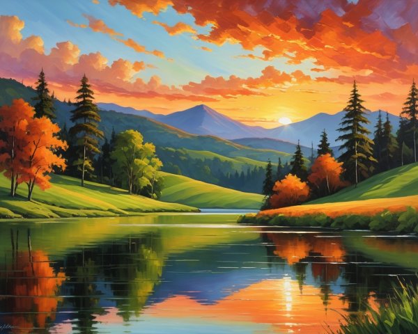 Vibrant Sunset Over Serene Lake and Lush Hills