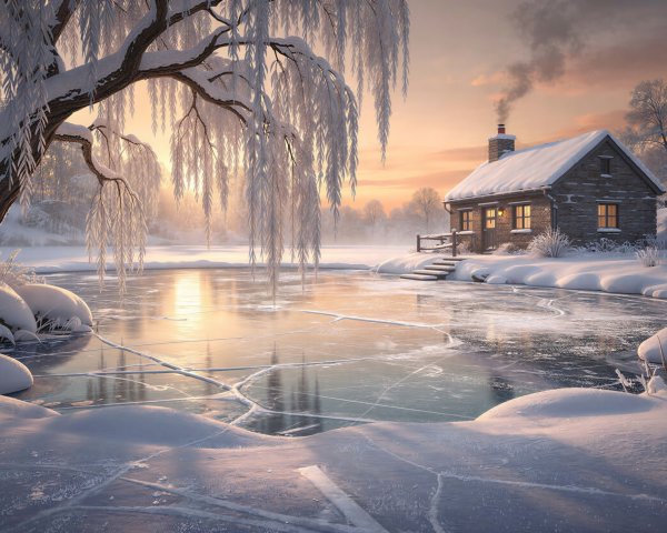 Winter Landscape with Stone House and Sunset Glow