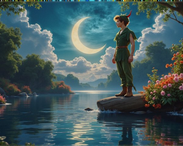 Whimsical Boy in Green by a Serene River at Night