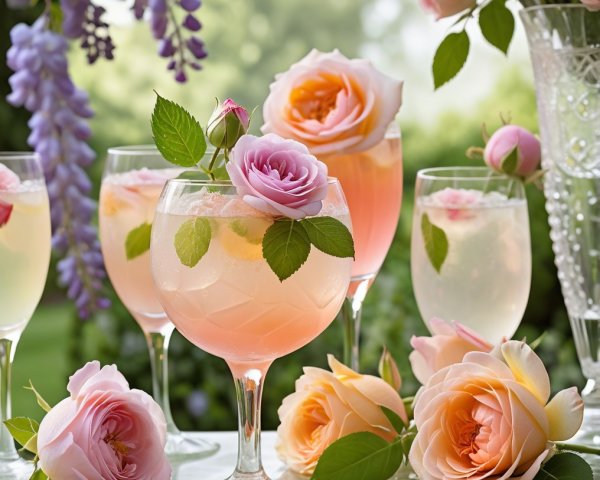Elegant Glassware with Cocktails in a Serene Garden