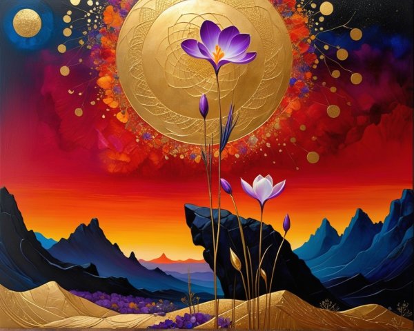 Vibrant Landscape Painting with Flowers and Mountains
