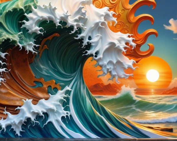 Ocean Wave with Sunset and Mountain Landscape Details