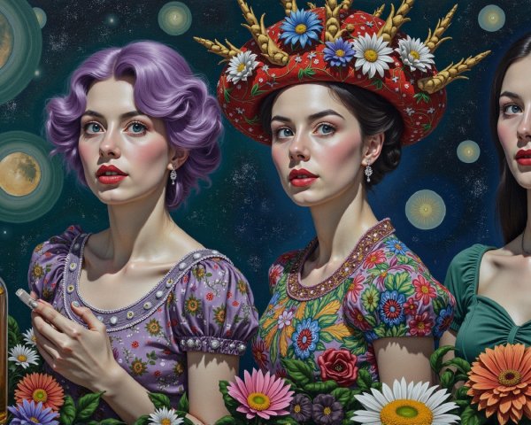 Three Women in Elegant Attire Against a Starry Night