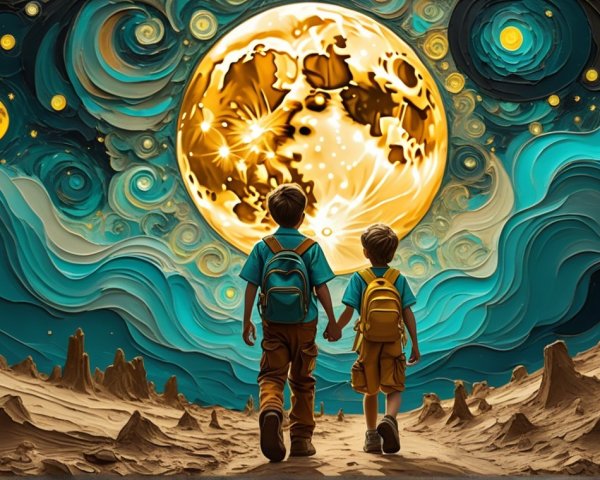 Children Exploring a Dreamlike Moonlit Landscape