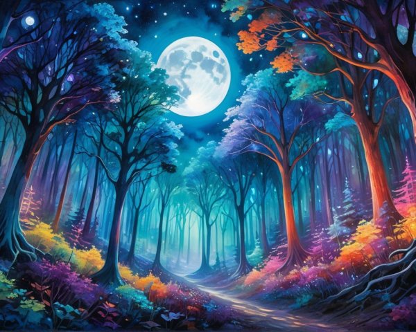 Enchanted Forest Scene Under a Full Moon