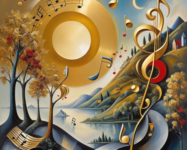 Abstract Landscape Blending Music and Nature Elements