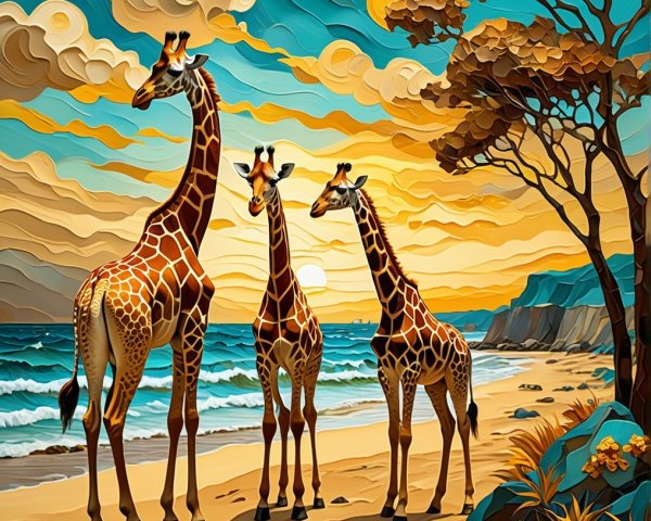 Giraffes Silhouetted on a Beach at Sunset