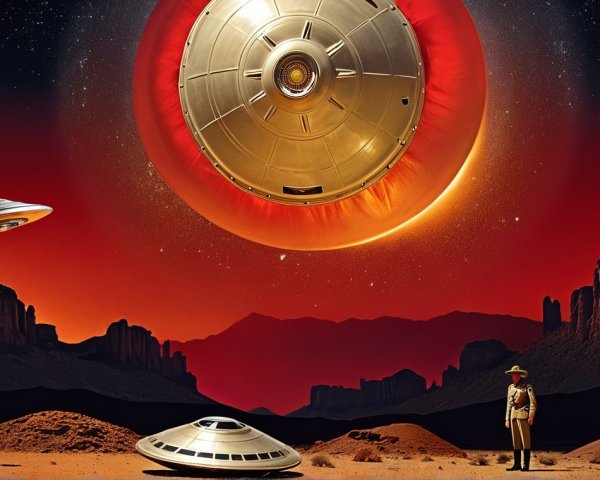 Surreal Desert Landscape with Flying Saucers and Figures