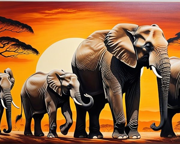 Golden Sunset Over Elephants in African Savanna