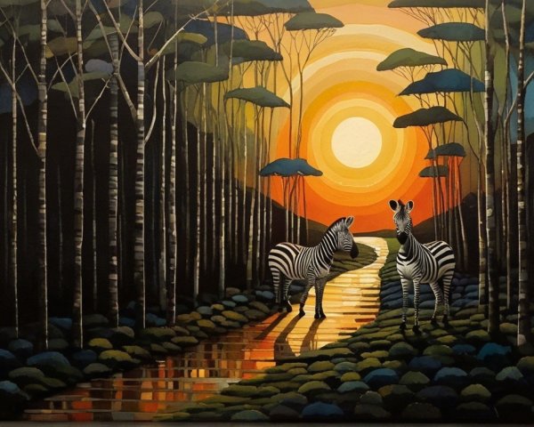 Zebras on a Winding Path at Sunset in a Forest