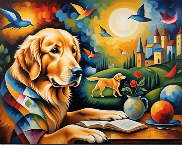 Colorful Painting of Golden Retriever in Whimsical Scene