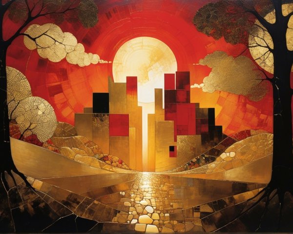 Vibrant Sunset Landscape with Abstract Buildings and Trees