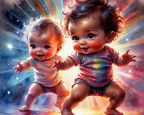 Two Babies Smiling in Colorful Background Setting