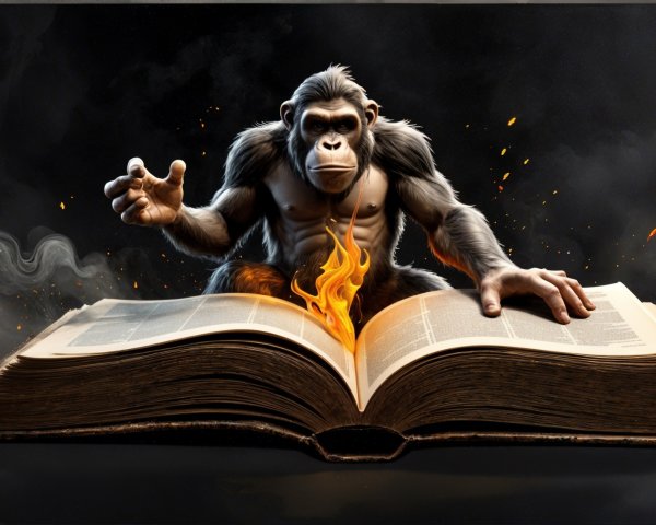 Muscular Gorilla Emerges from Flaming Book Scene