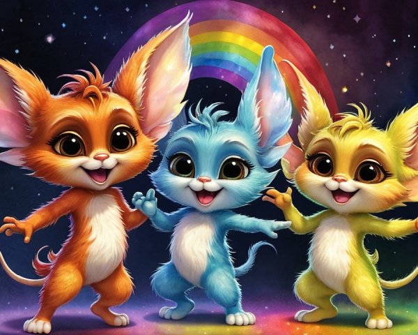 Charming Animated Creatures with Rainbow Background