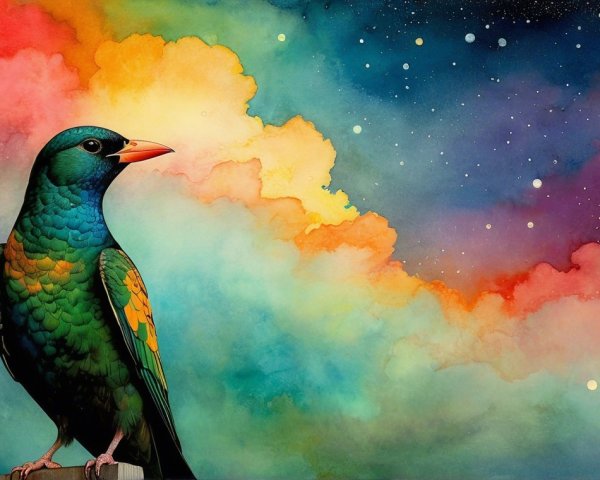 Vibrant Bird Against Cosmic Colorful Backdrop