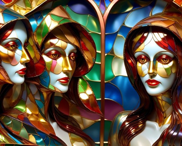 Stained Glass Artwork with Three Female Faces