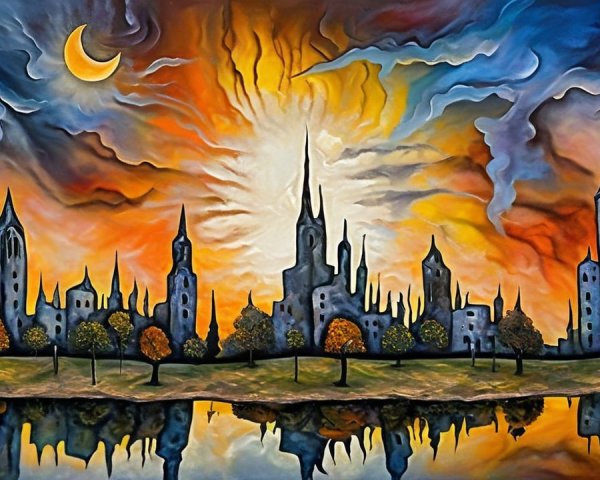 Surreal Skyline at Sunset with Reflections and Trees