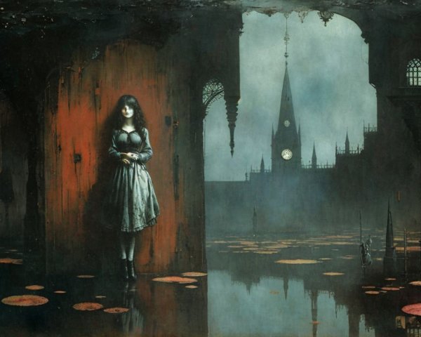 Surreal Landscape with Dark Dressed Figure and Fog