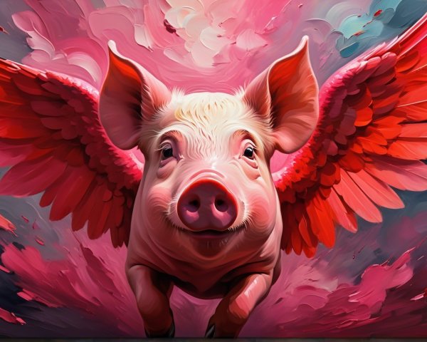 Whimsical Pig with Pink Wings in Dreamy Landscape